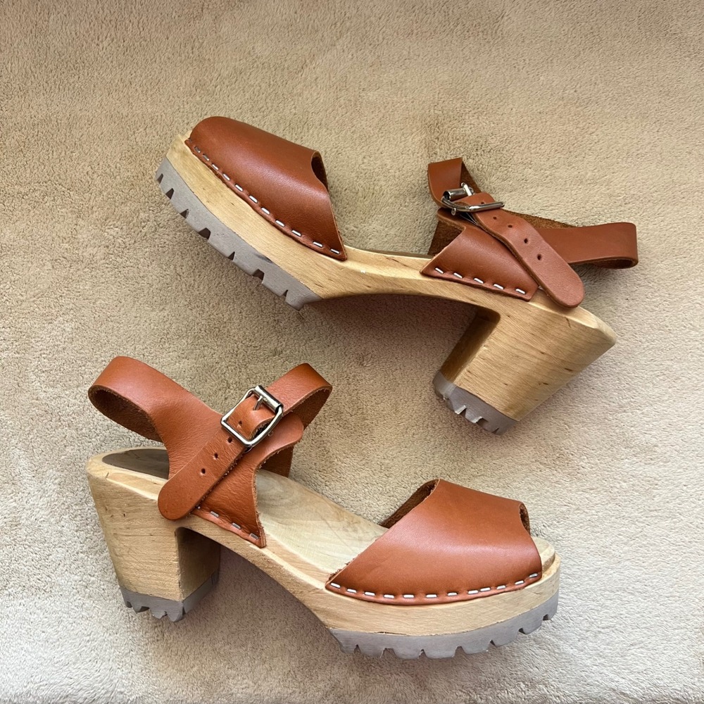 MIA Anja Women 7.5-8 EU 38 Tan Leather Clog Sandals Wooden Platform Ankle Strap